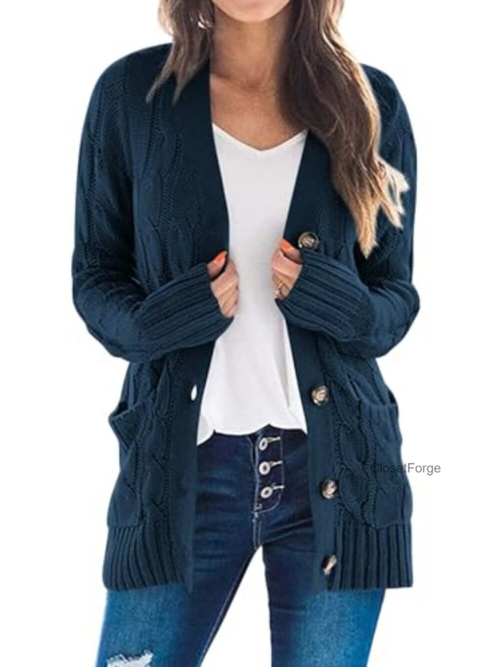 Women Chunky Cable Knit Button Down Cardigan Sweater Loose Fit
